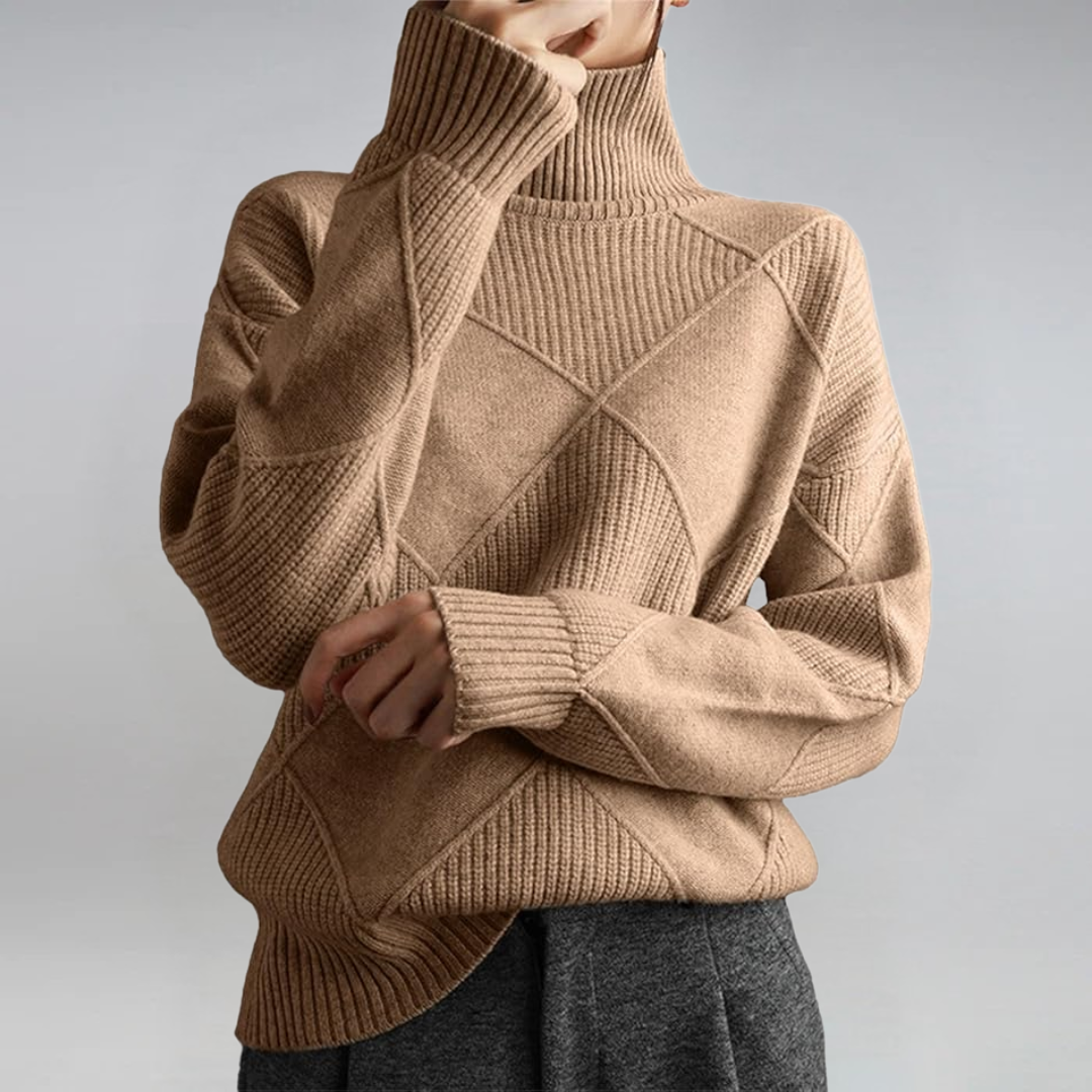 Women's geometric turtleneck sweater with ribbed panels and long sleeves