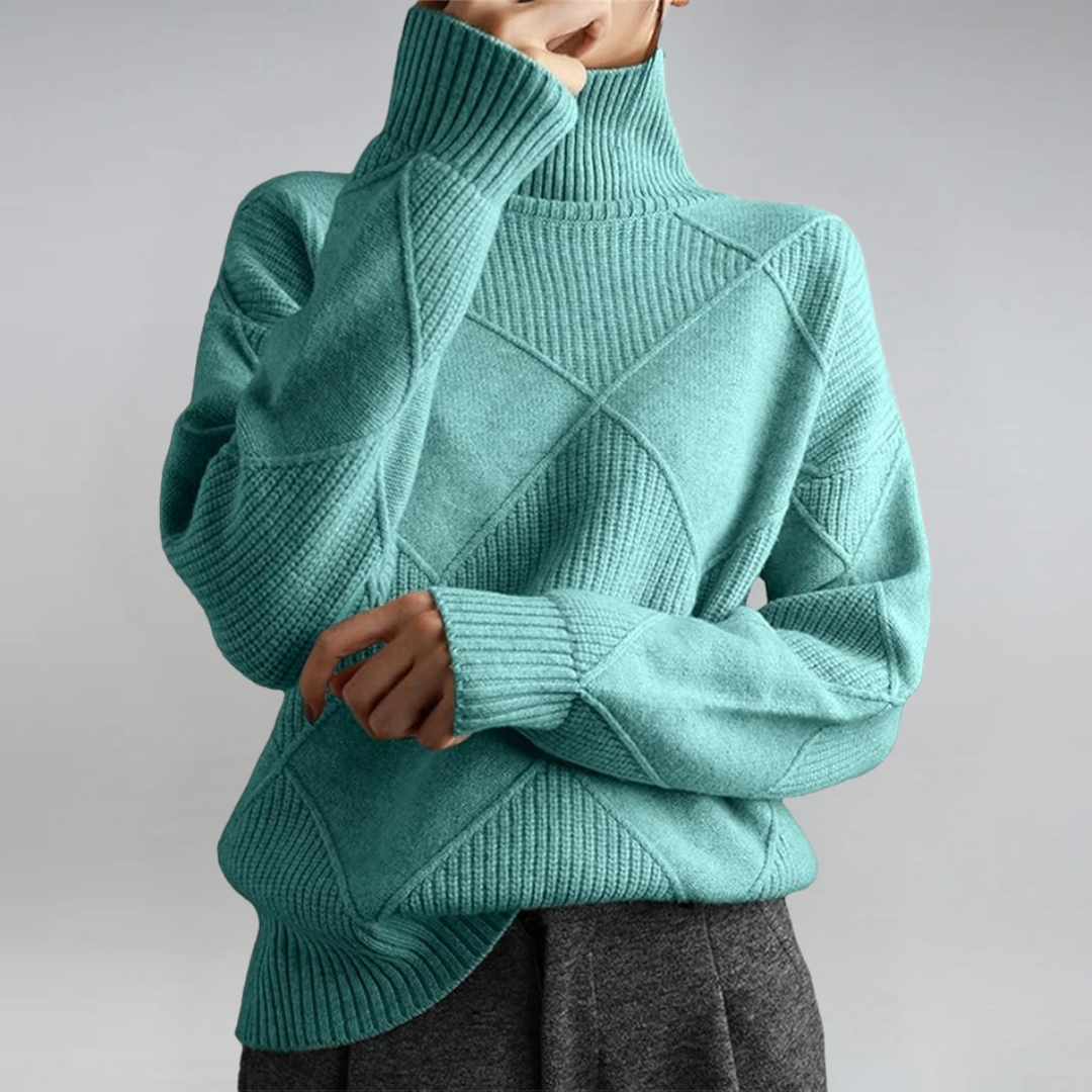 Women's geometric turtleneck sweater with ribbed panels and long sleeves