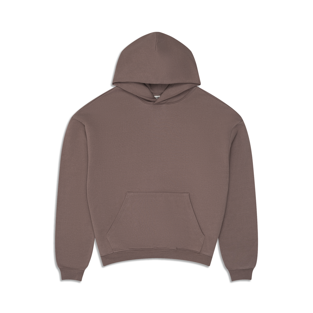 Brown unisex pullover hoodie with hood, long sleeves and front kangaroo pocket