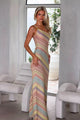 Women's one-shoulder maxi dress with multicolour diagonal stripes