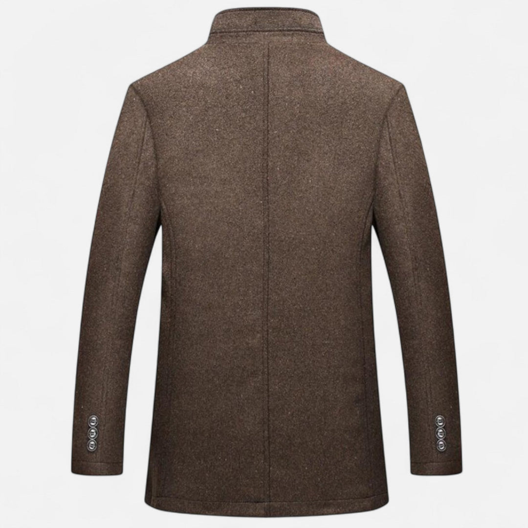 Men's long patterned overcoat with stand collar and button front
