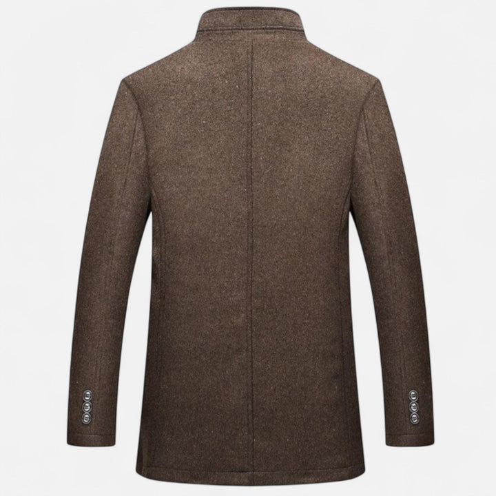 Men's long patterned overcoat with stand collar and button front