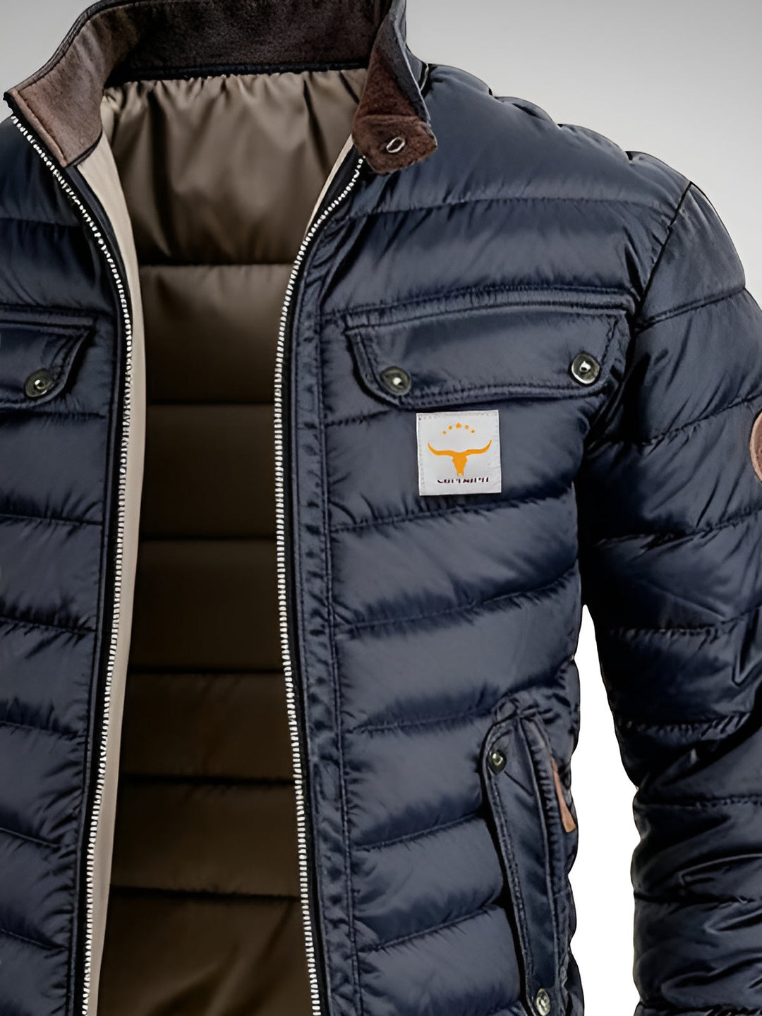 Men's navy quilted jacket with stand collar, zip front and multiple pockets