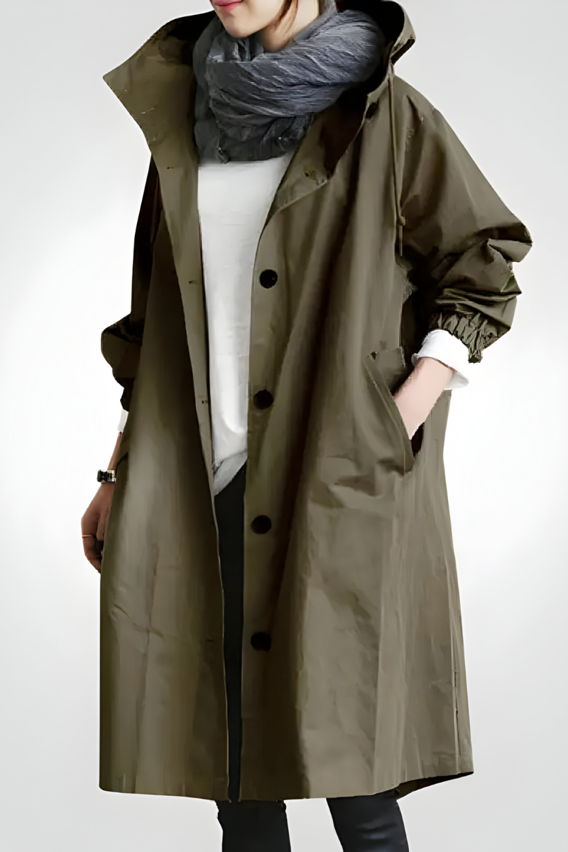 Women's longline hooded jacket with button front and gathered sleeves