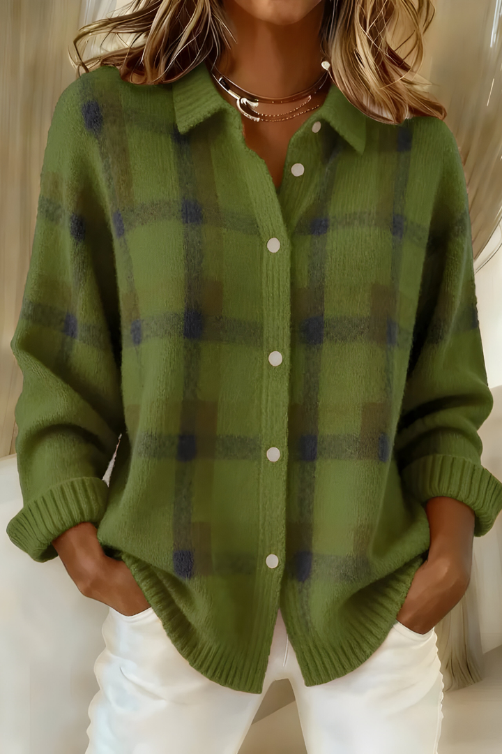 Women's checkered button-front cardigan with shirt collar