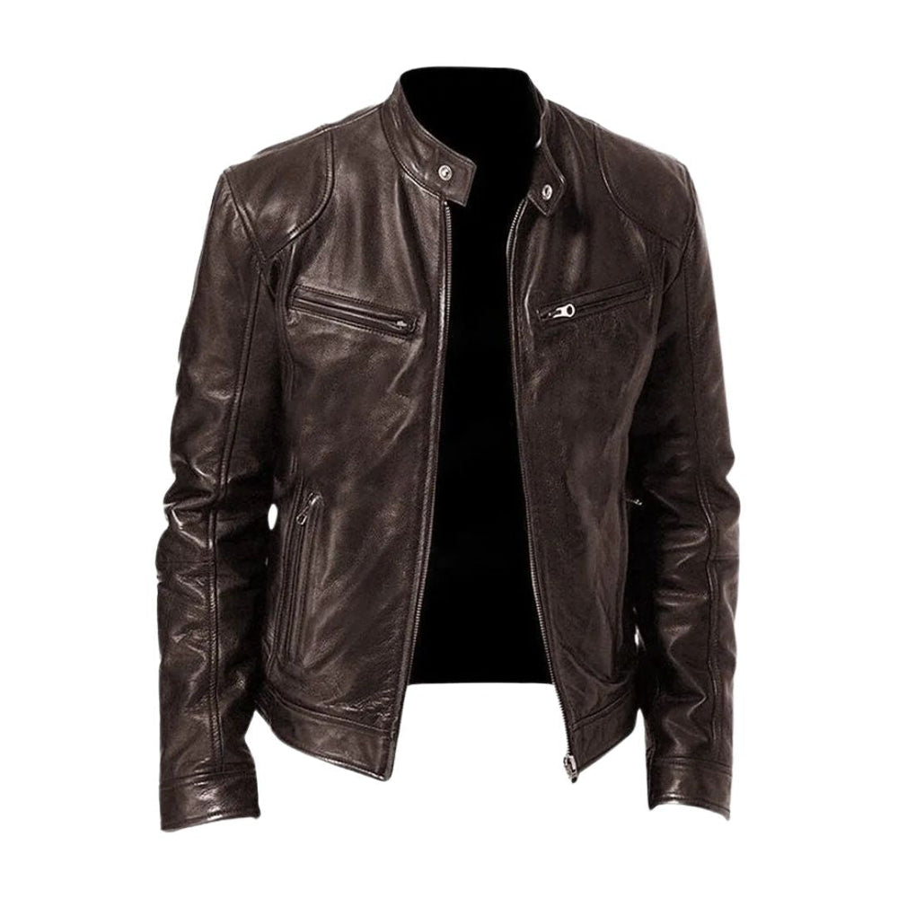 Unisex zip-front biker jacket with stand collar and multiple zipped pockets