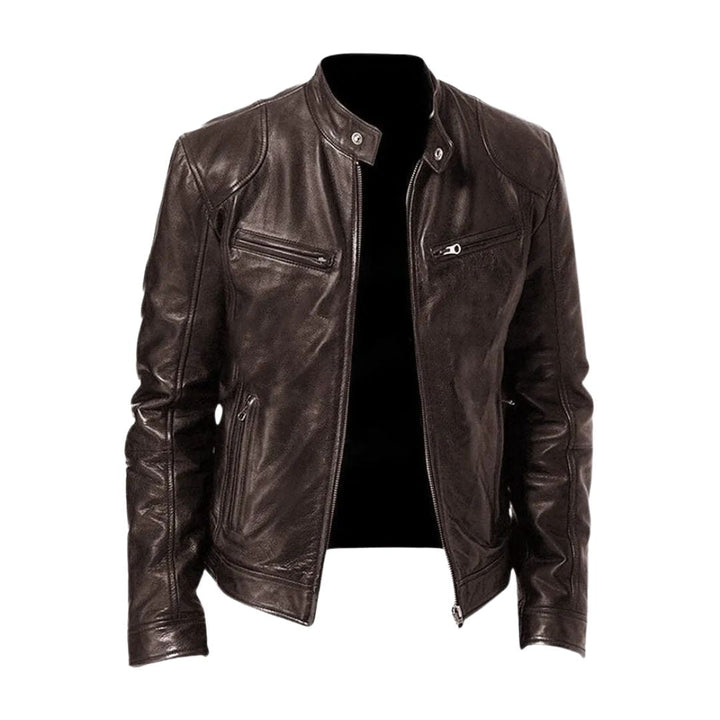 Unisex zip-front biker jacket with stand collar and multiple zipped pockets