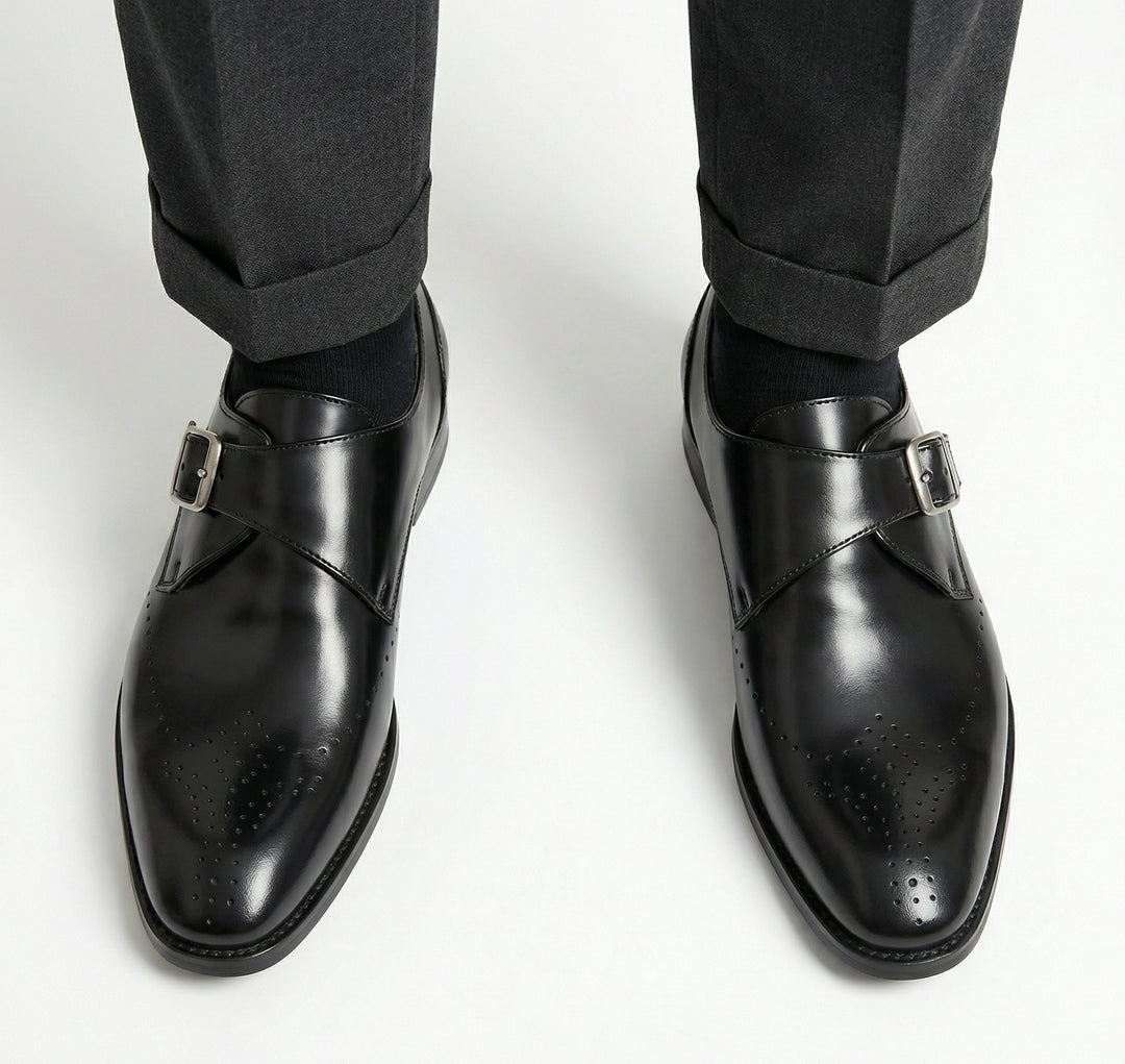 Men's polished buckle loafers with perforated almond toes