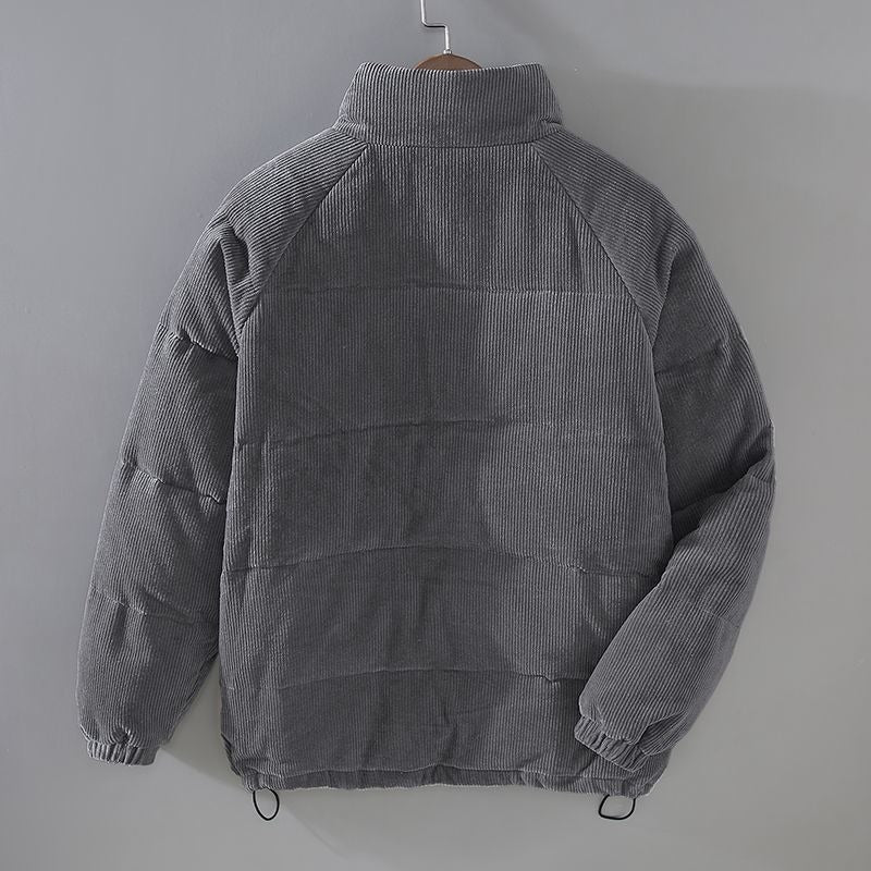 Corduroy puffer jacket with high collar, zip front and multiple pockets