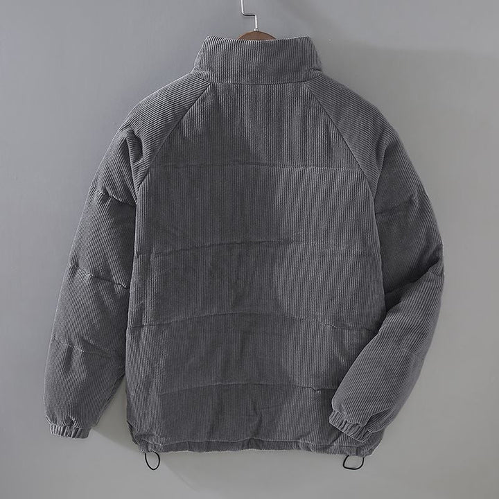 Corduroy puffer jacket with high collar, zip front and multiple pockets