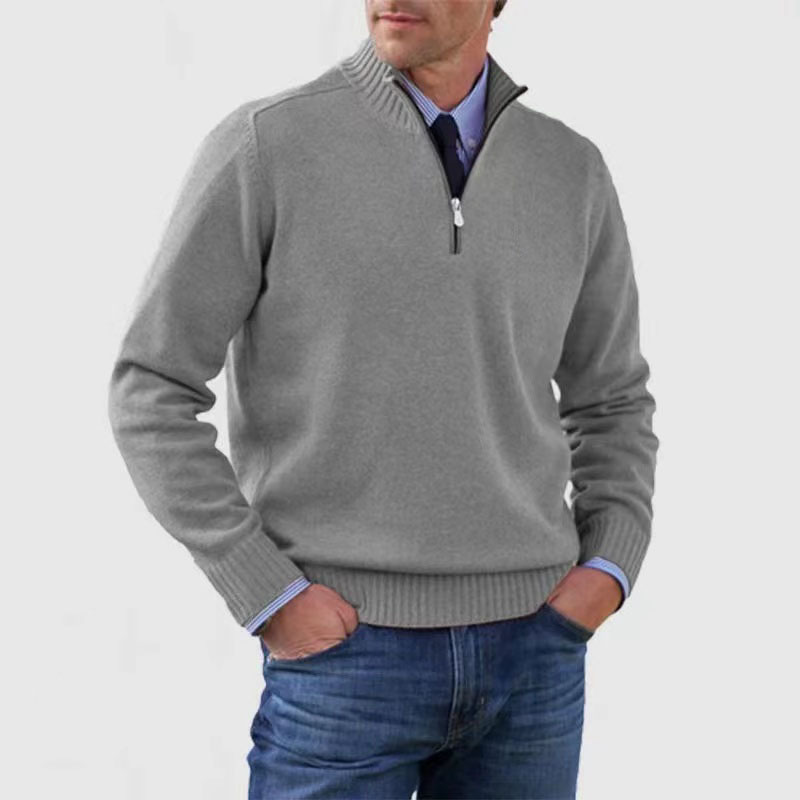 Men's long-sleeve half-zip mock neck sweater with ribbed trims