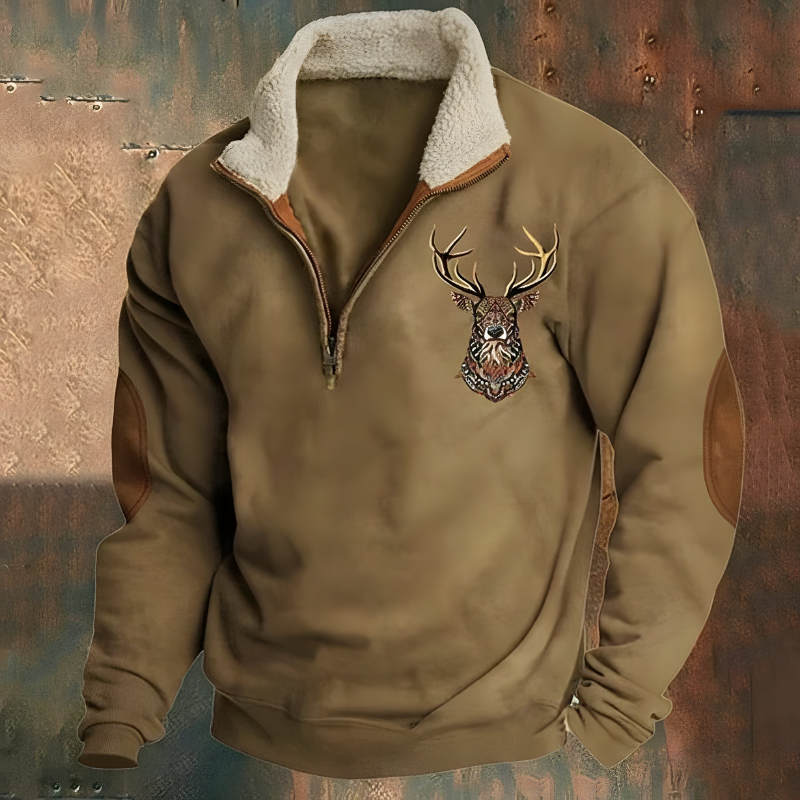 Men's half-zip sweater with deer embroidery, mock neck and elbow patches