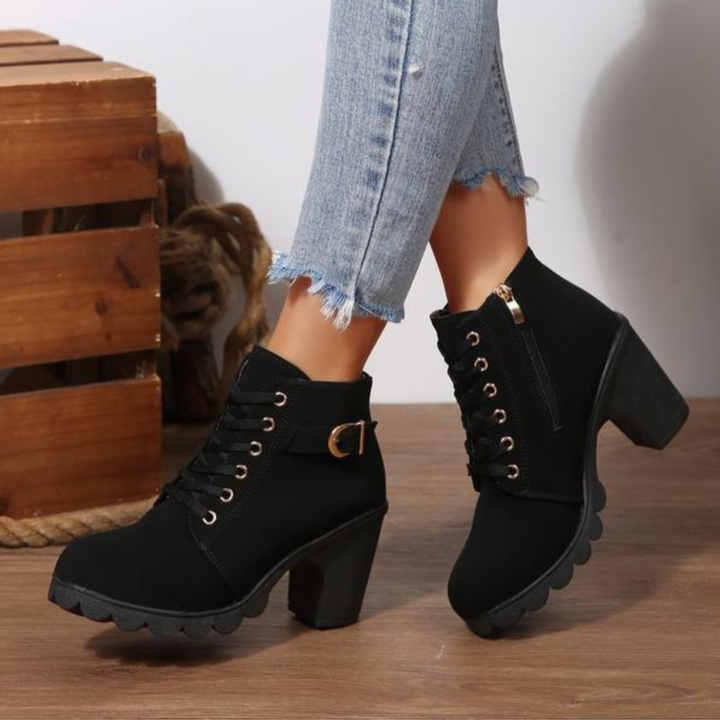 Women's Lace-Up Chunky Ankle Boots in Black | Bellmere