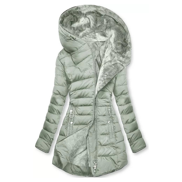 Women's hooded quilted coat with plush-textured lining and zip pockets