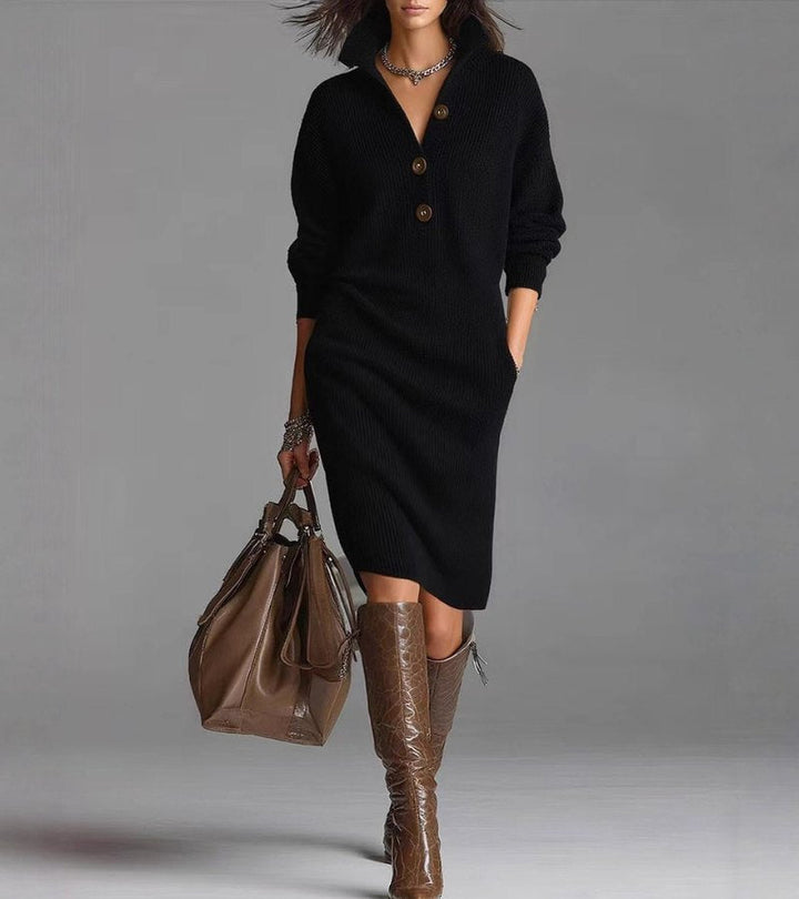 Women's knitted midi dress with high collar, buttons and long sleeves
