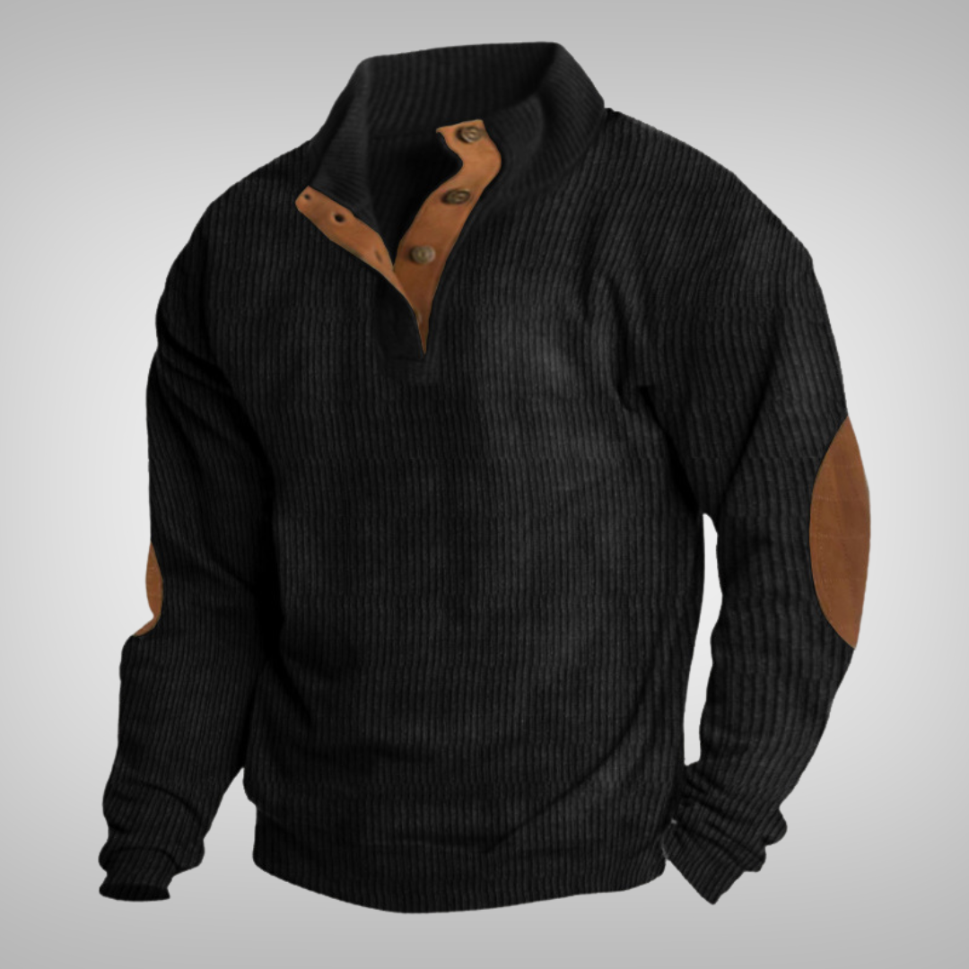 Men's ribbed mock neck sweater with button placket and elbow patches
