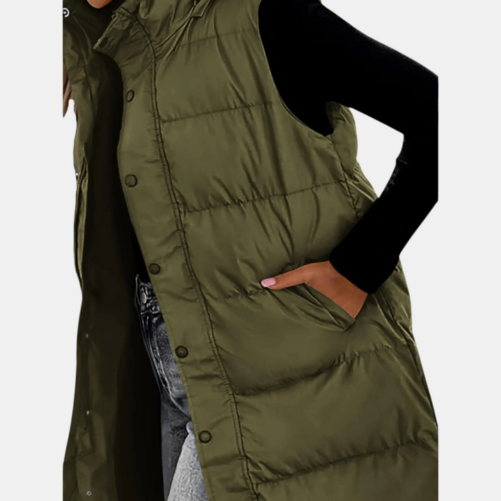 Women's long hooded puffer gilet with snap front and side pockets