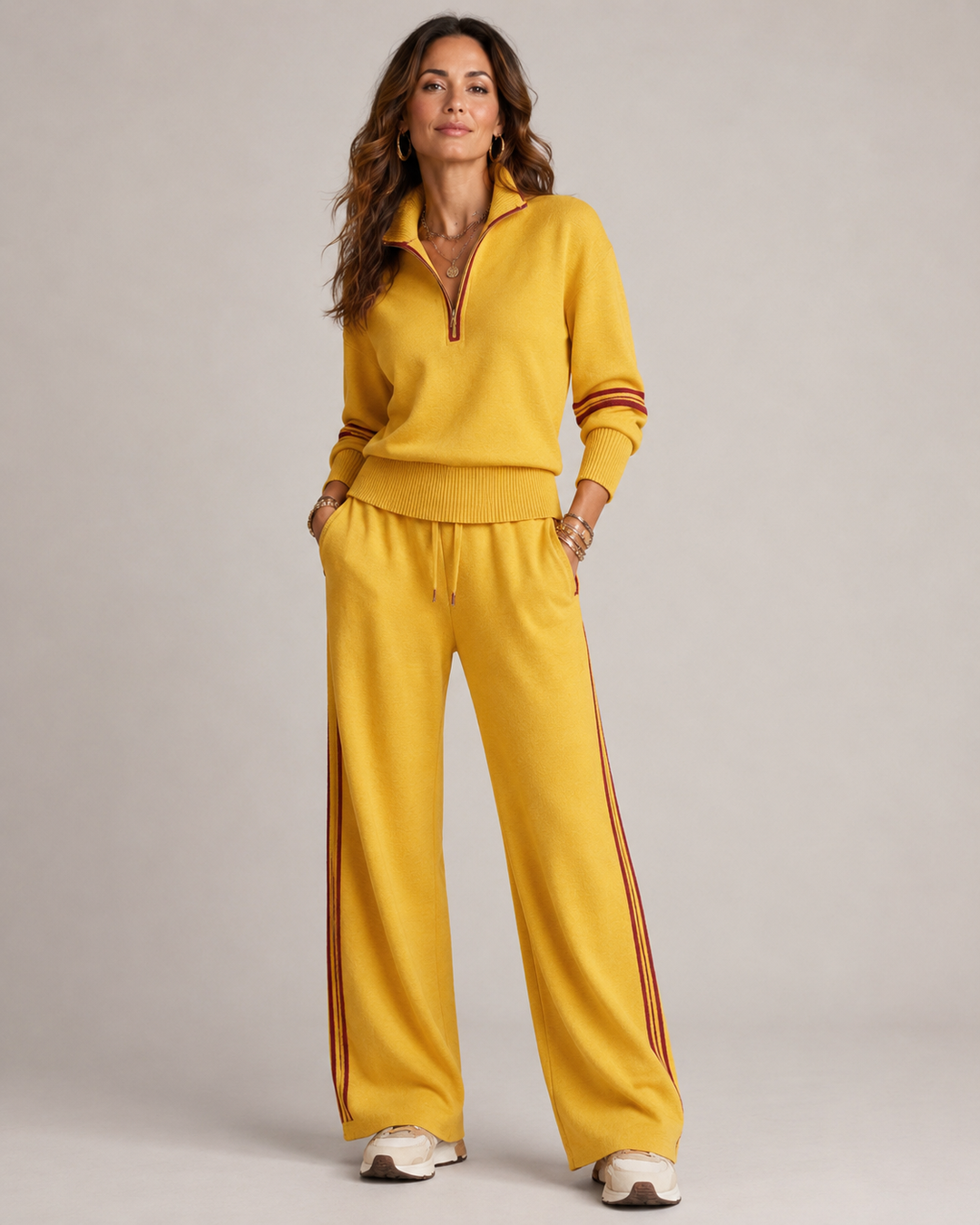 Women's zip sweater and wide-leg trouser set with contrast striped trims