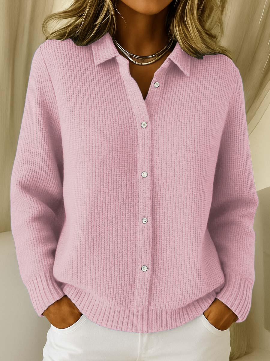 Women's ribbed knit cardigan with collar and button front