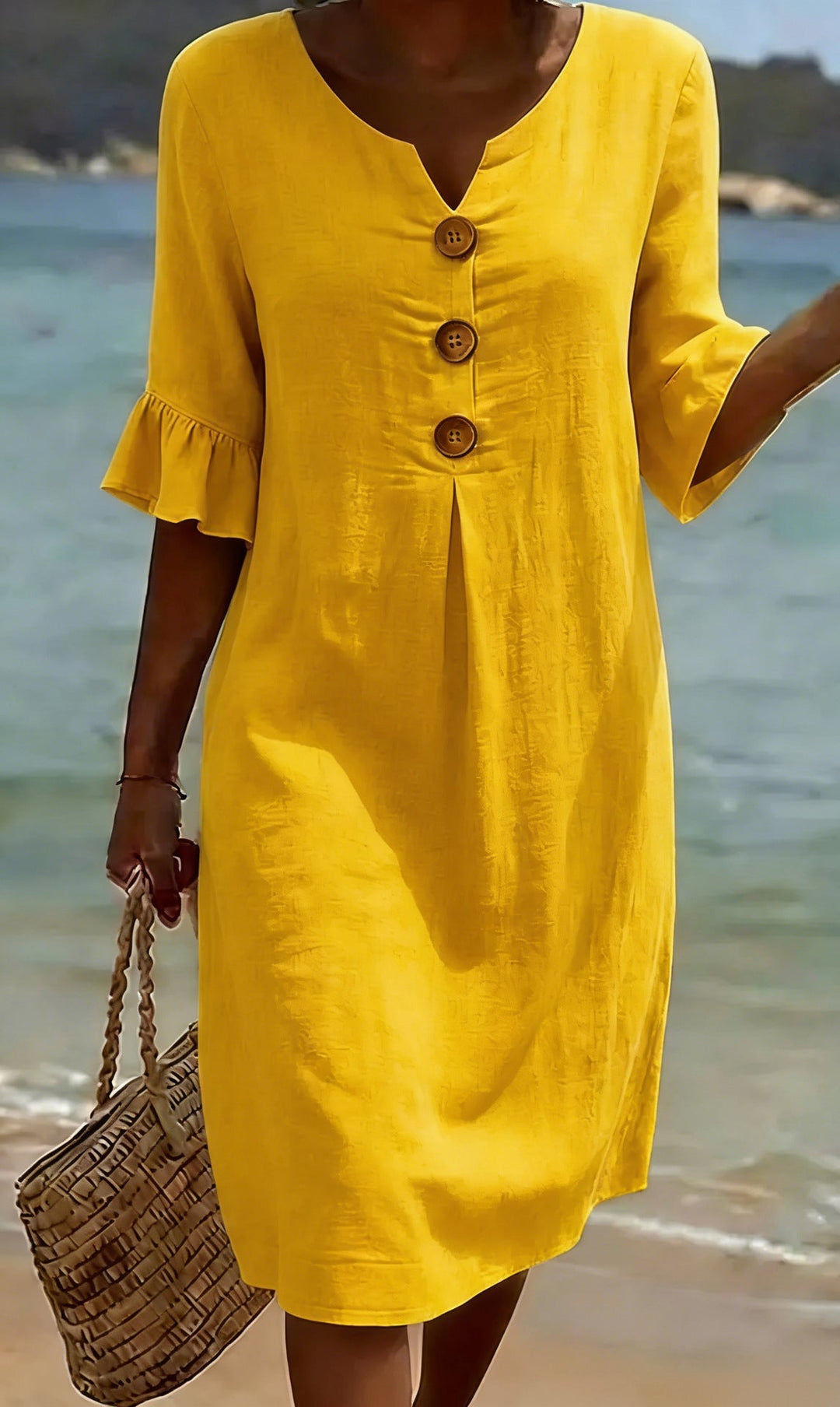 Women's Linen Blend Shift Dress, Buttoned V-Neck, Ruffle Cuffs