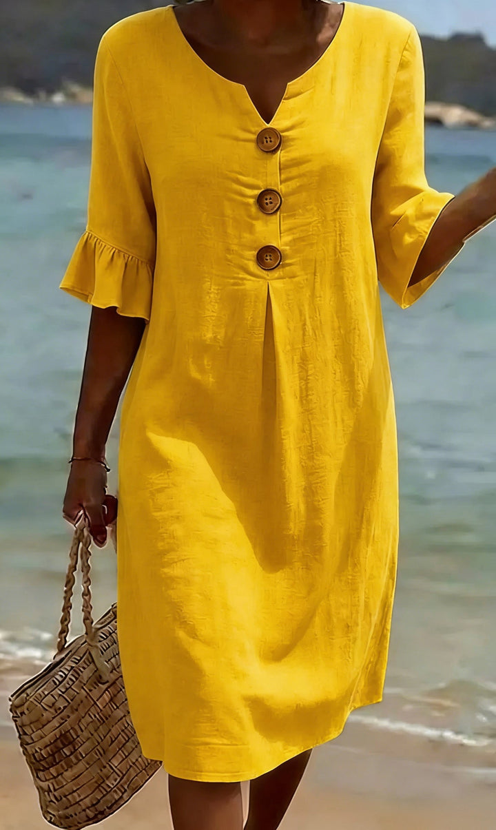 Women's Linen Blend Shift Dress, Buttoned V-Neck, Ruffle Cuffs