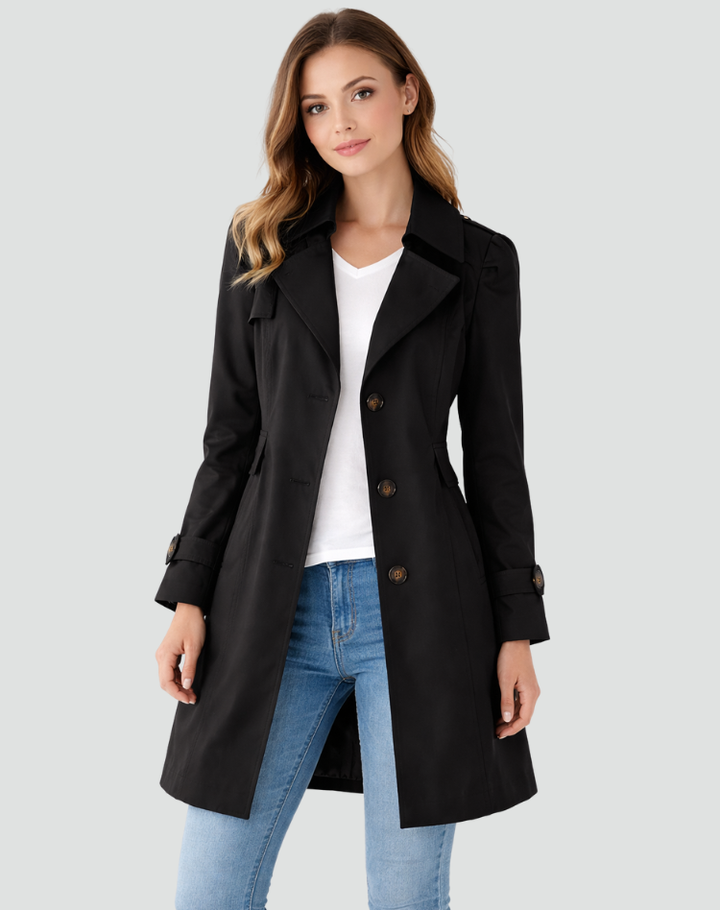Women's long sleeve trench coat with notched lapel collar and button front