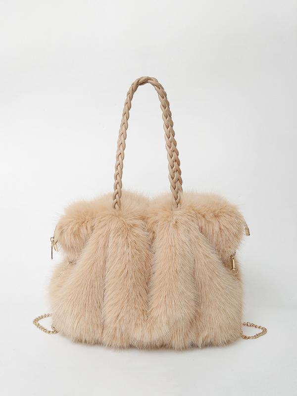 Faux fur shoulder bag with braided handles and chain strap