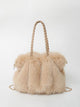 Faux fur shoulder bag with braided handles and chain strap