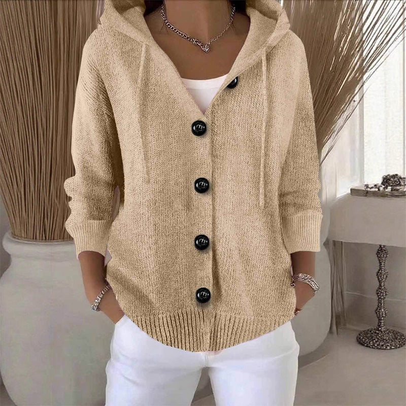 Women's hooded knit cardigan with long sleeves and button front