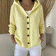 Women's hooded button cardigan with long sleeves and front pockets