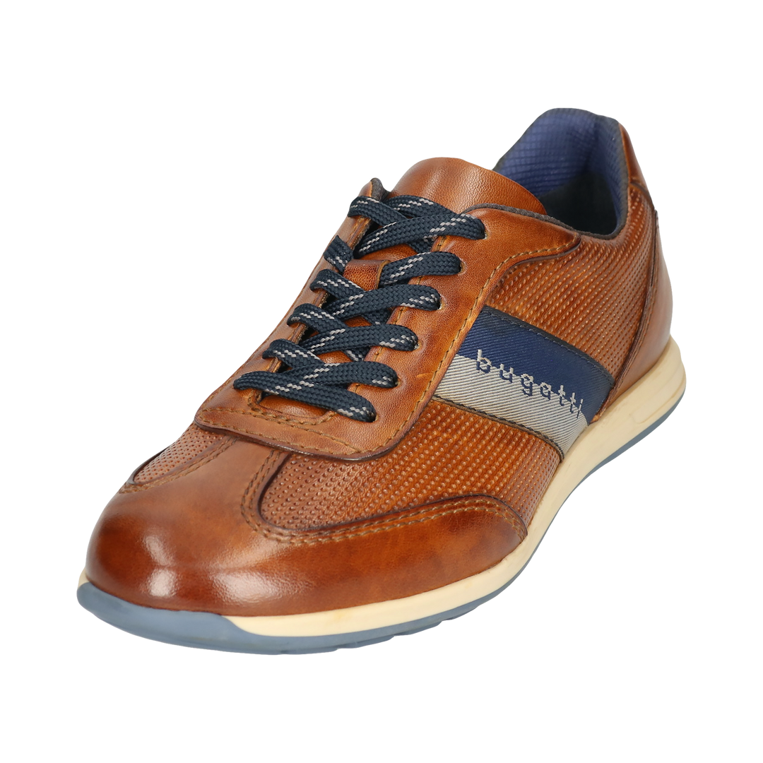 Cognac leather lace-up sneaker with textured panels and navy side stripe