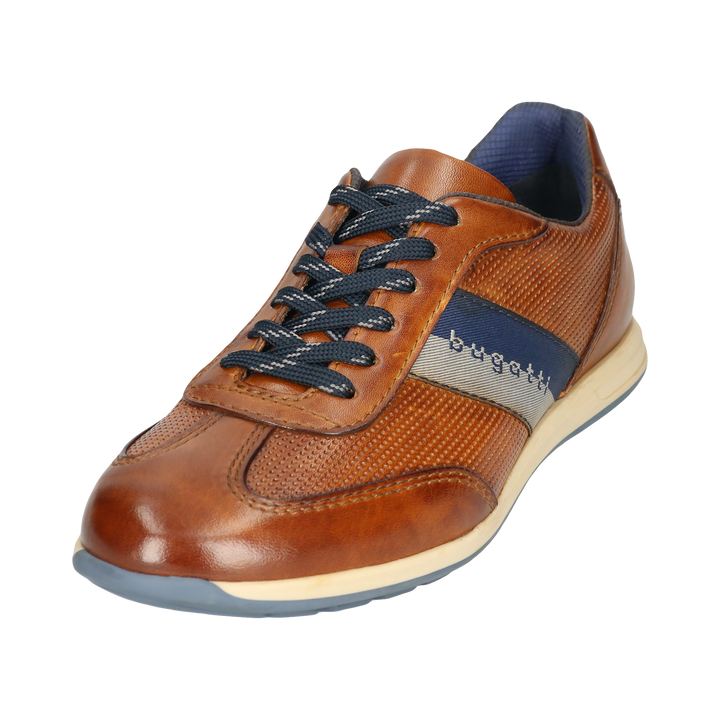 Cognac leather lace-up sneaker with textured panels and navy side stripe
