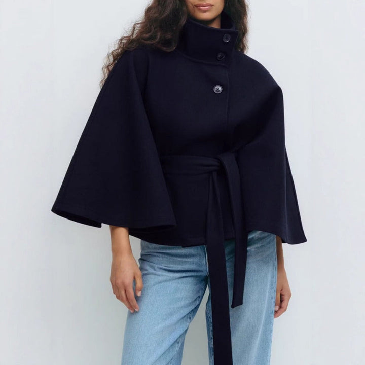 Women's belted cape coat with high collar and button front