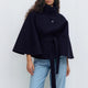 Women's belted cape coat with high collar and button front