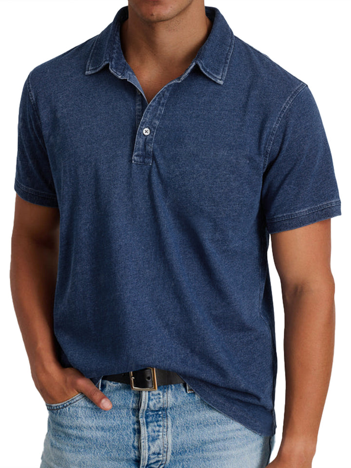 Men's blue polo shirt with collar and button front, short sleeves