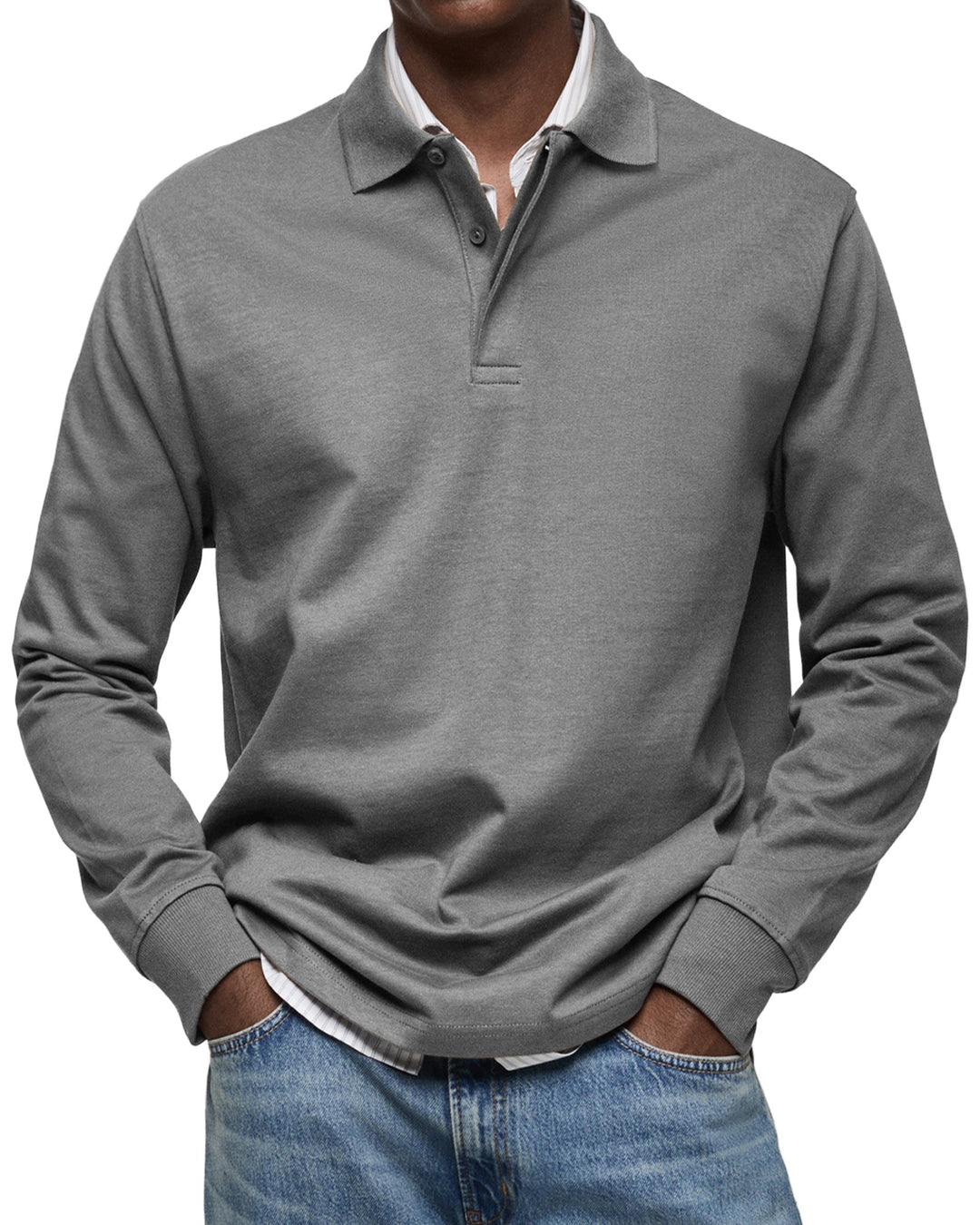 Men's long sleeve polo sweater with collared button placket and ribbed cuffs