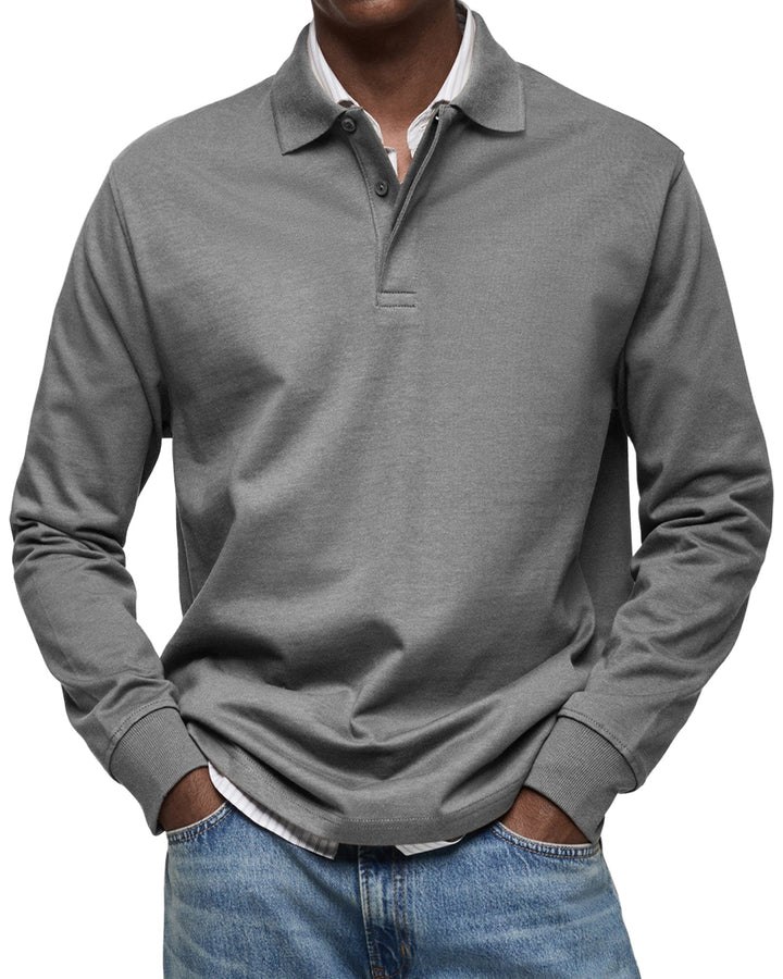 Men's long sleeve polo sweater with collared button placket and ribbed cuffs
