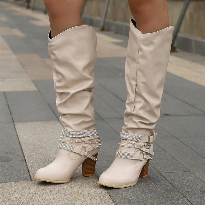 Women's Knee-High Boots - Slouchy Block Heel in Brown - View 2 | Bellmere