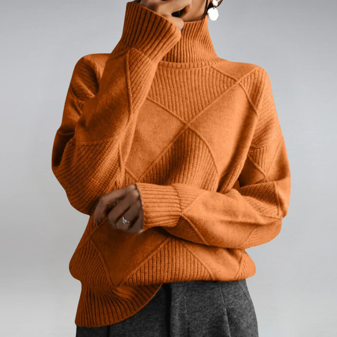 Women's geometric turtleneck sweater with ribbed panels and long sleeves