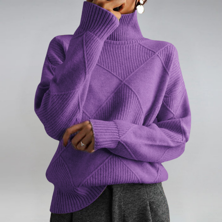 Women's geometric turtleneck sweater with ribbed panels and long sleeves