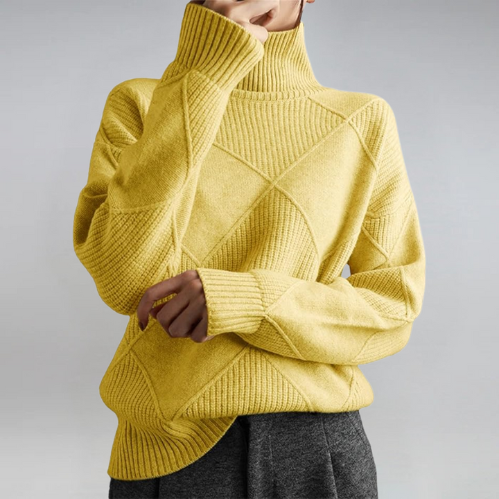 Women's geometric turtleneck sweater with ribbed panels and long sleeves