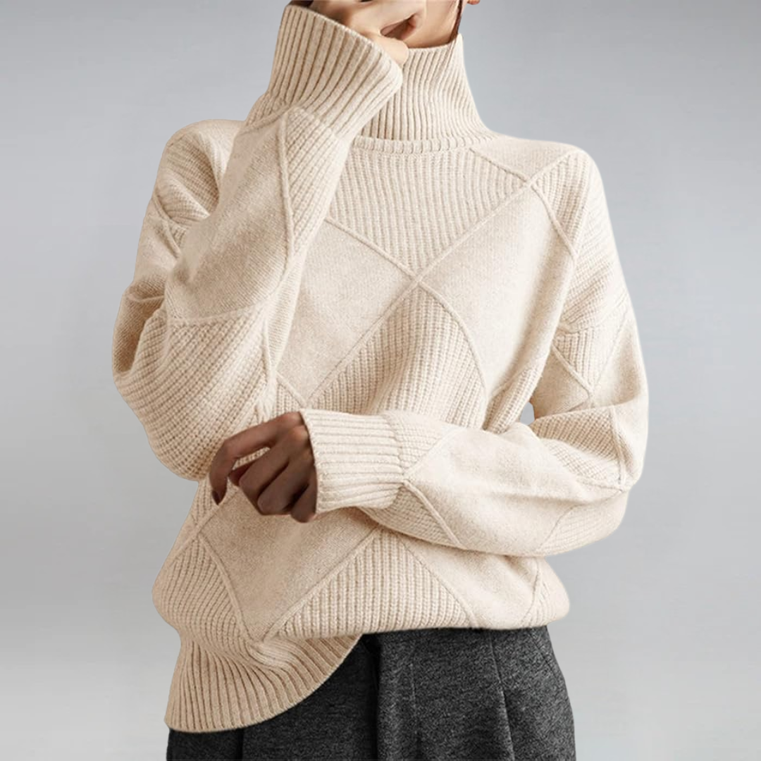 Women's geometric turtleneck sweater with ribbed panels and long sleeves