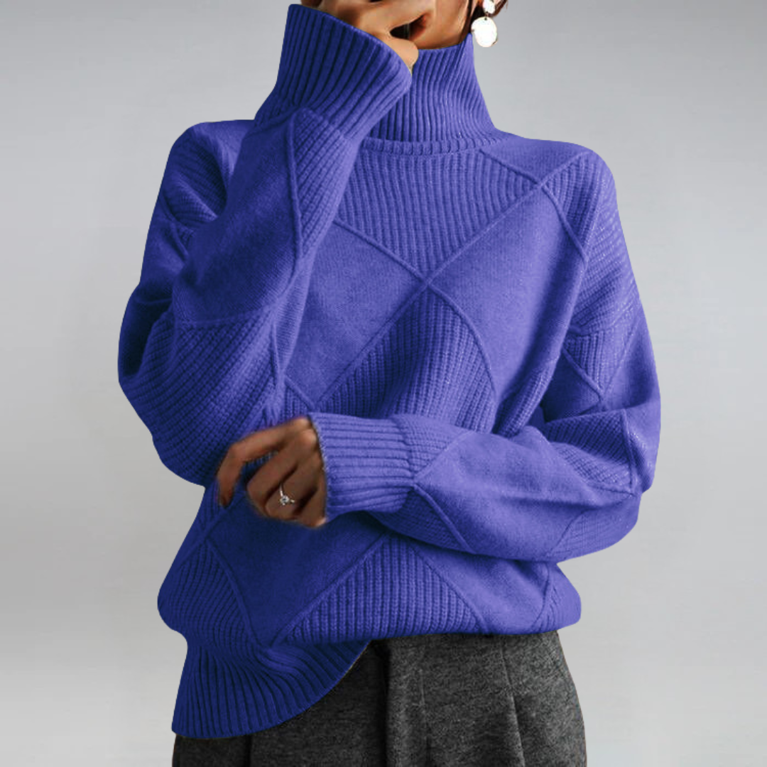 Women's geometric turtleneck sweater with ribbed panels and long sleeves