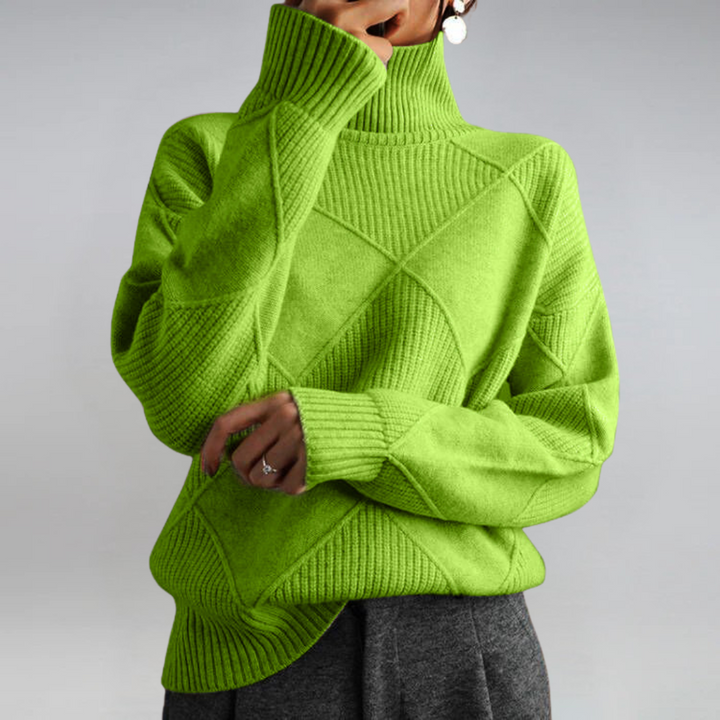 Women's geometric turtleneck sweater with ribbed panels and long sleeves