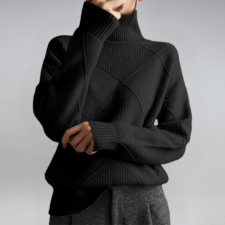 Women's geometric turtleneck sweater with ribbed panels and long sleeves