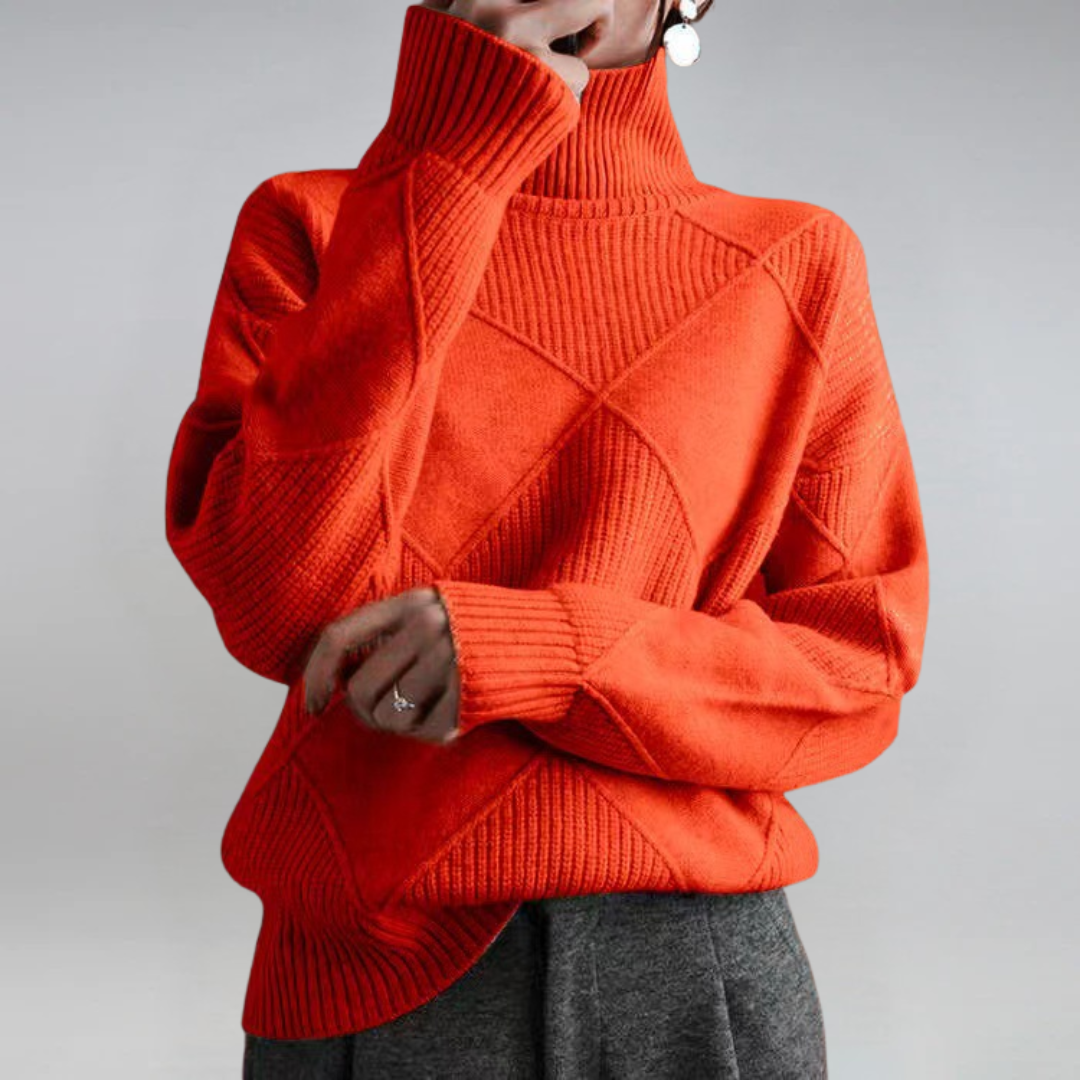 Women's geometric turtleneck sweater with ribbed panels and long sleeves