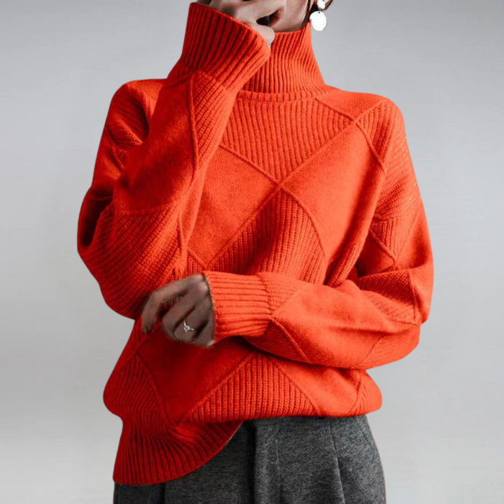 Women's geometric turtleneck sweater with ribbed panels and long sleeves