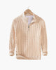 Men's cable knit quarter-zip sweater with mock neck and ribbed trims