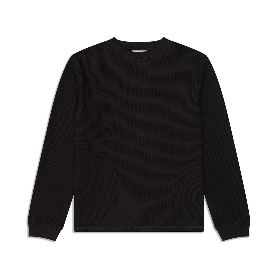 Black long sleeve crew neck top with ribbed cuffs and hem