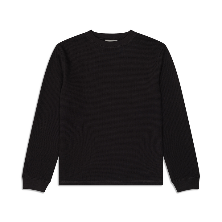 Black long sleeve crew neck top with ribbed cuffs and hem